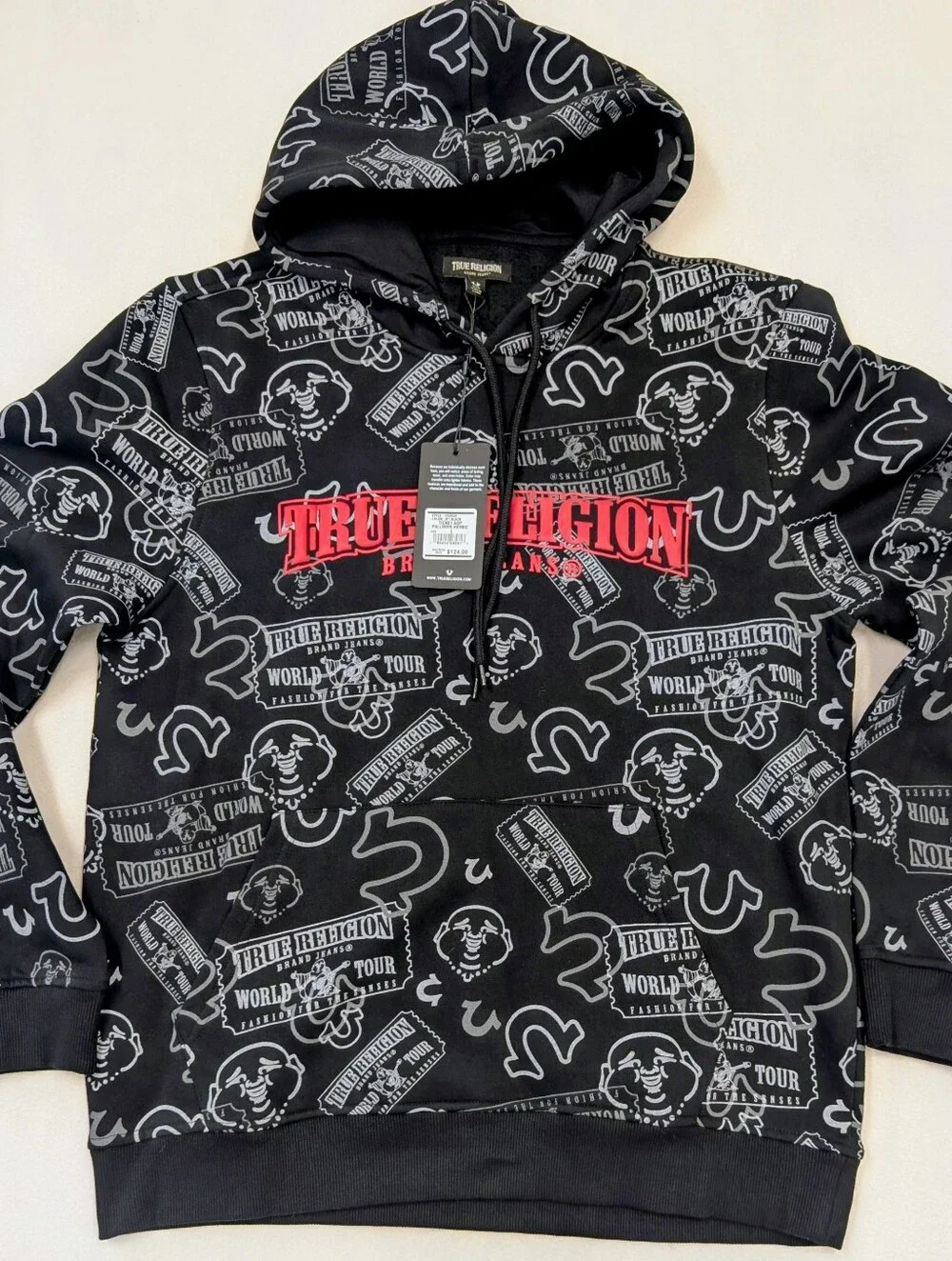 True Religion Men’s Black Hoodie with All-Over Logo Print